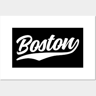 Boston Cursive White Vintage Athletic Script Posters and Art